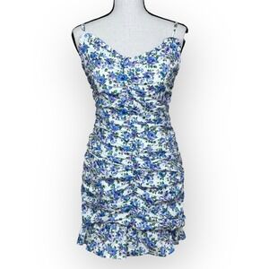 LUSH White Blue Floral Ruched Bodycon Mini Dress Spaghetti Straps Size S